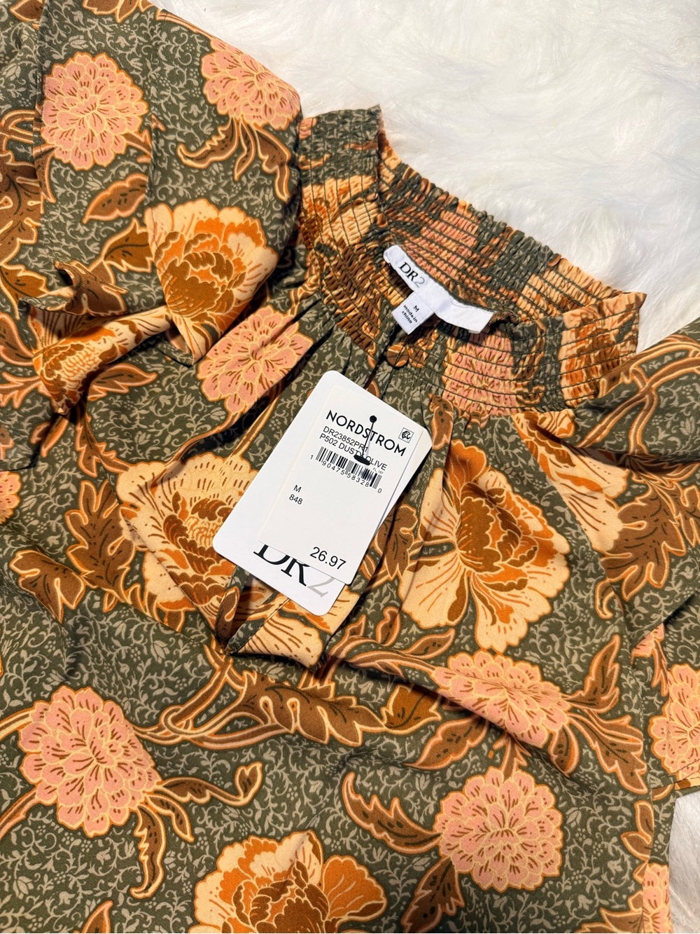 DR2 Olive Floral Smocked Neck Blouse with Mustard & Blush Accents